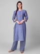 Lemon Tart Women's LTS108 Neck Stitch Detail Blended Silk Kurta and Pants Set - Blue