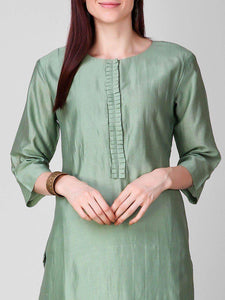 Lemon Tart Women's LTS108 Neck Stitch Detail Blended Silk Kurta and Pants Set - Green