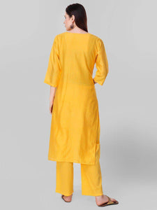 Lemon Tart Women's LTS108 Neck Stitch Detail Blended Silk Kurta and Pants Set - Yellow