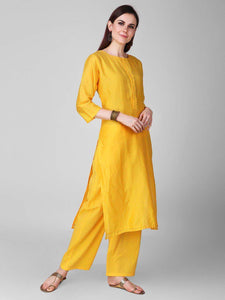 Lemon Tart Women's LTS108 Neck Stitch Detail Blended Silk Kurta and Pants Set - Yellow