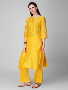 Lemon Tart Women's LTS108 Neck Stitch Detail Blended Silk Kurta and Pants Set - Yellow