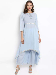 Lemon Tart Women's LTS11 Lace Detail Long Kurti and Pants Set - Light Blue