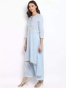 Lemon Tart Women's LTS11 Lace Detail Long Kurti and Pants Set - Light Blue