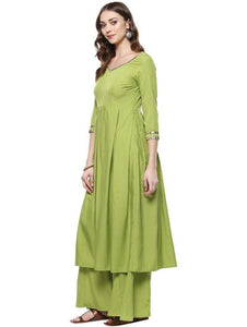 Lemon Tart Women's LTS12 Lace Detail Long Peplum Kurti and Pants Set - Green