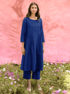 Lemon Tart Women's LTS120 Pleat Detail Cotton Kurta and Pants Set - Dark Blue