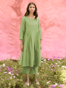 Lemon Tart Women's LTS120 Pleat Detail Cotton Kurta and Pants Set - Green