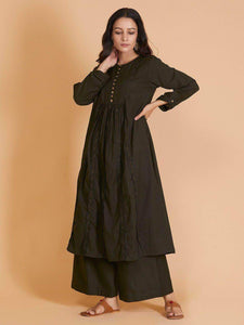 Lemon Tart Women's LTS121 Stitch Detail Cotton Kurta and Pants Set - Black