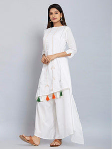 Lemon Tart Women's LTS122 Tassel and Stitch Detail Cotton Kurta and Pants Set - White