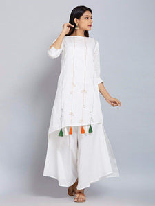 Lemon Tart Women's LTS122 Tassel and Stitch Detail Cotton Kurta and Pants Set - White