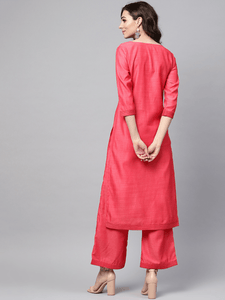 Lemon Tart Women's LTS13 Stitch Detail Kurti and Pants Set - Pinkish Red