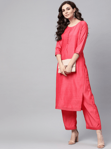 Lemon Tart Women's LTS13 Stitch Detail Kurti and Pants Set - Pinkish Red