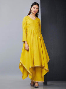 Lemon Tart Women's LTS135 Angrakha Style Cotton Kurta and Pants Set - Yellow