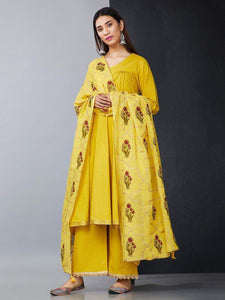 Lemon Tart Women's LTS135 Angrakha Style Cotton Kurta and Pants Set - Yellow