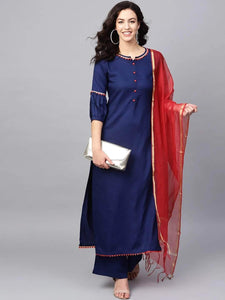 Lemon Tart Women's LTS137 Lace Detail Kurta and Pants Set - Navy Blue