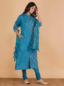 Lemon Tart Women's LTS147 Print and Pleat Detail Kurta and Pants Set - Blue