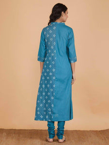 Lemon Tart Women's LTS147 Print and Pleat Detail Kurta and Pants Set - Blue