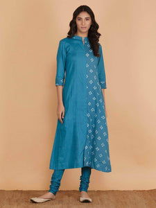 Lemon Tart Women's LTS147 Print and Pleat Detail Kurta and Pants Set - Blue