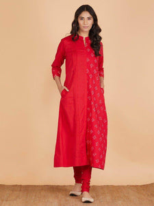 Lemon Tart Women's LTS147 Print and Pleat Detail Kurta and Pants Set - Red