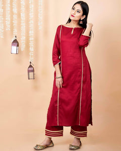 Lemon Tart Women's LTS171 Lace Detail Kurta and Pants Set - Maroon