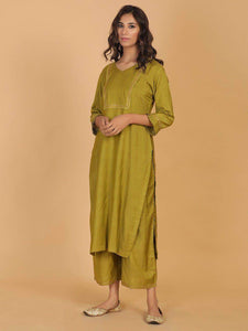 Lemon Tart Women's LTS178 Lace Detail Kurta and Pants Set - Olive Green