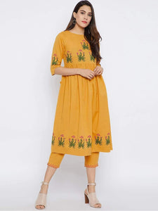 Lemon Tart Women's LTS183 Print Detail Kurta and Pants Set - Yellow