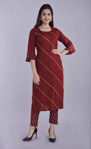 Lemon Tart Women's LTS202 Lace Detail Kurti and Pants Set - Maroon