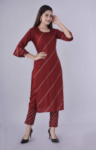 Lemon Tart Women's LTS202 Lace Detail Kurti and Pants Set - Maroon