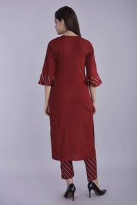 Lemon Tart Women's LTS202 Lace Detail Kurti and Pants Set - Maroon