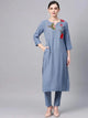 Lemon Tart Women's LTS236 Embroidery Detail Kurti and Pants Set - Blue