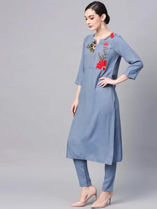 Lemon Tart Women's LTS236 Embroidery Detail Kurti and Pants Set - Blue