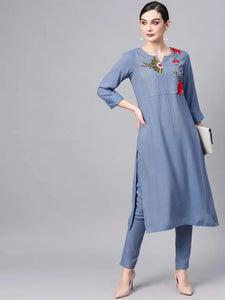 Lemon Tart Women's LTS236 Embroidery Detail Kurti and Pants Set - Blue