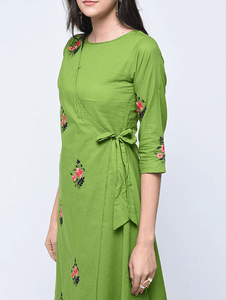 Lemon Tart Women's LTS240 Embroidery Detail Kurti and Pants Set - Green