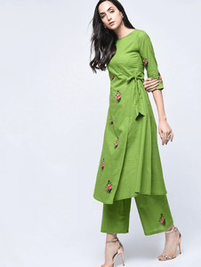 Lemon Tart Women's LTS240 Embroidery Detail Kurti and Pants Set - Green