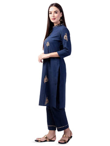 Lemon Tart Women's LTS299 Embroidered Detail Kurti and Pants Set - Blue