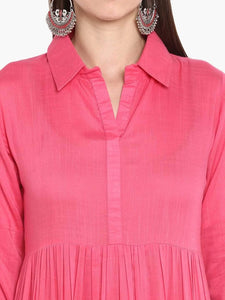 Lemon Tart Women's LTS301 Collar Peplum Detail Kurti and Pants Set - Pink