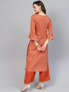 Lemon Tart Women's LTS329 Print and Lace Detail Kurti and Pants Set - Orange