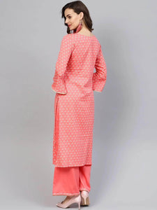 Lemon Tart Women's LTS329 Print and Lace Detail Kurti and Pants Set - Pink