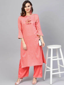Lemon Tart Women's LTS329 Print and Lace Detail Kurti and Pants Set - Pink