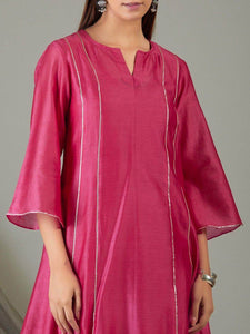 Lemon Tart Women's LTS431 Blended Poly Silk Detail Stitched Kurti and Pants Set - Pink