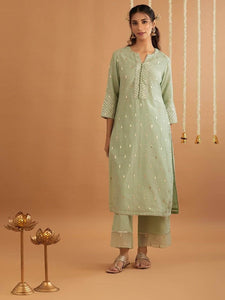 Lemon Tart Women's LTS446 Print Detail Kurti and Pants Set - Green