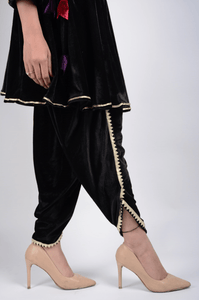 Lemon Tart Women's LTS452 Velvet Lace Detail Stitched Kurti and Dhoti Pants Set - Black