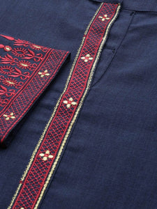 Lemon Tart Women's LTS454 Embroidered Detail Stitched Kurti and Pants Set - Navy Blue