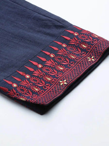 Lemon Tart Women's LTS454 Embroidered Detail Stitched Kurti and Pants Set - Navy Blue