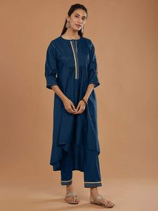 Lemon Tart Women's LTS466 Stitch Detail Stitched Kurti and Pants Set - Navy Blue