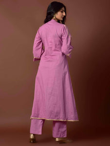 Lemon Tart Women's LTS467 Lace Detail Stitched Kurti and Pants Set - Purple