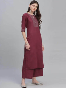 Lemon Tart Women's LTS476 Stitch Detail Stitched Kurti and Pants Set - Maroon