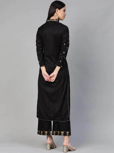 Lemon Tart Women's LTS477 Embroidered Detail Stitched Kurti and Pants Set - Black