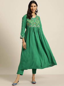 Lemon Tart Women's LTS514 Embroidered Detail Stitched Kurti and Pants Set - Green