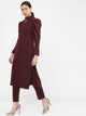 Lemon Tart Women's LTS521 Button Neck Gigot Sleeve Detail Stitched Kurti and Pants Set - Maroon