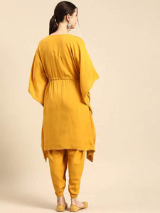 Lemon Tart Women's LTS525 Kaftan Detail Stitched Kurti and Pants Set - Yellow